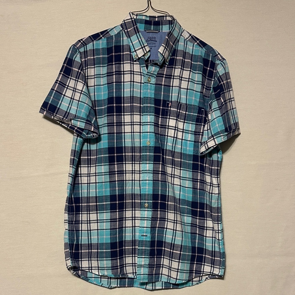 Izod Men's Blue and White Plaid Shirt